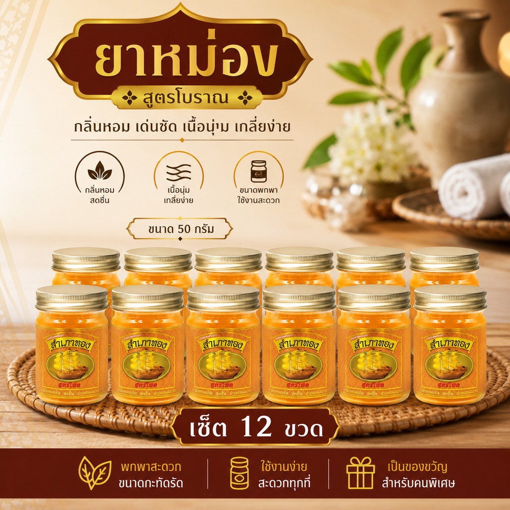 ยาหม่องสำเภาทอง สำเภาทองยาหม่องนวด ยาหม่องเหลือง ขนาด50g เซ็ท 12 ขวด กลิ่มหอมสดชื่น เกลี่ยง่าย