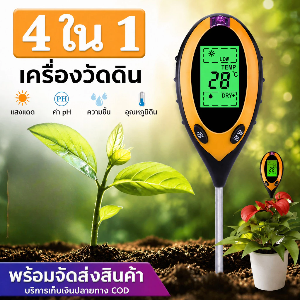 เครื่องวัดความชื้นสำหรับพืช 3-in-1 เครื่องวัดค่า pH/แสง ชุดทดสอบดินสำหรับในร่ม เครื่องวัดความชื้นในดินสำหรับพืชในบ้านสำห