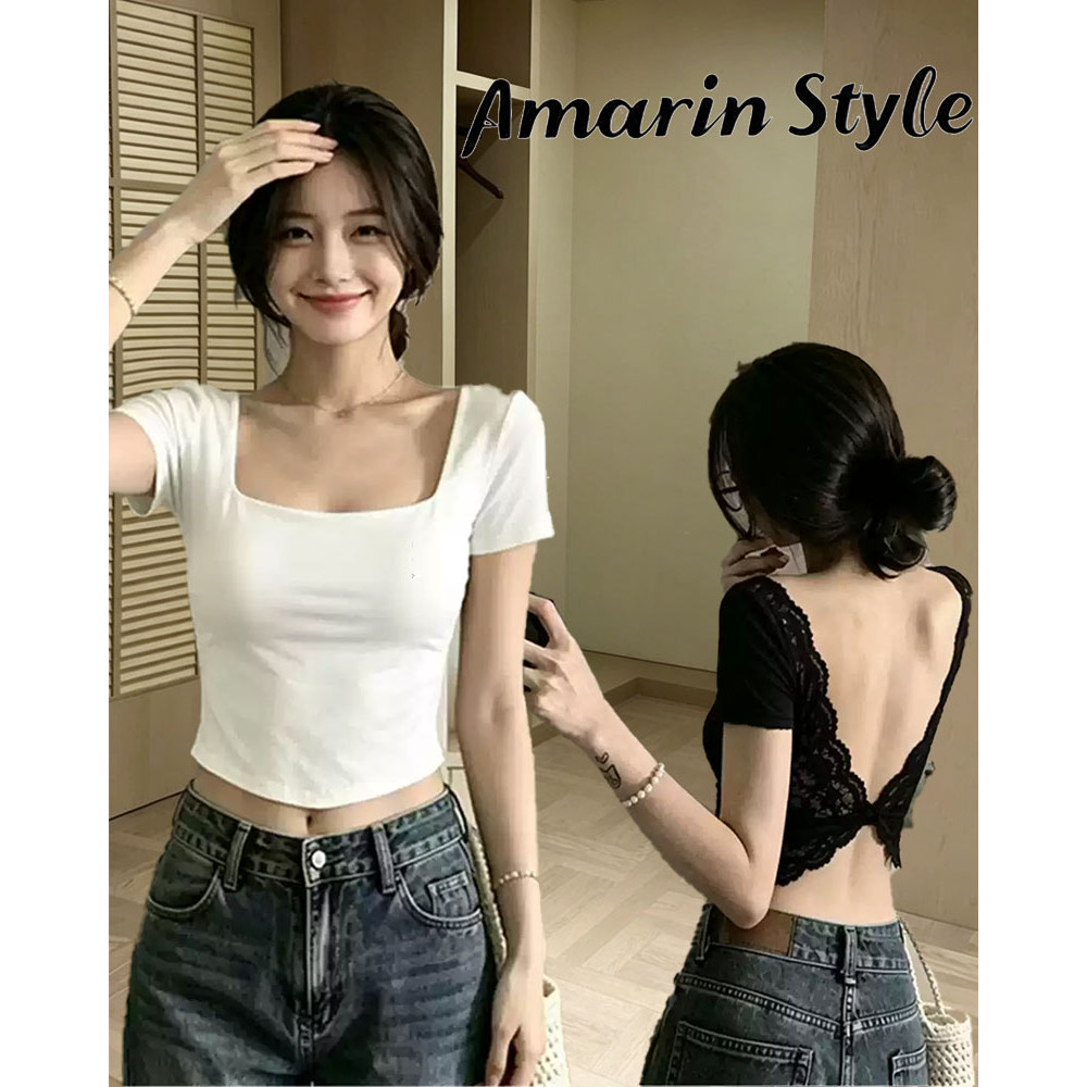 Amarin🌸พร้อมส่ง🌸 เสื้อแขนสั้นเปิดหลัง(ผูกเชือก/ตัดหลัง)ประดับลูกไม้สุดประณีต มีฟองน้ำในตัว แฟชั่นฮิตสุดสำหรับสาวๆFY147#1
