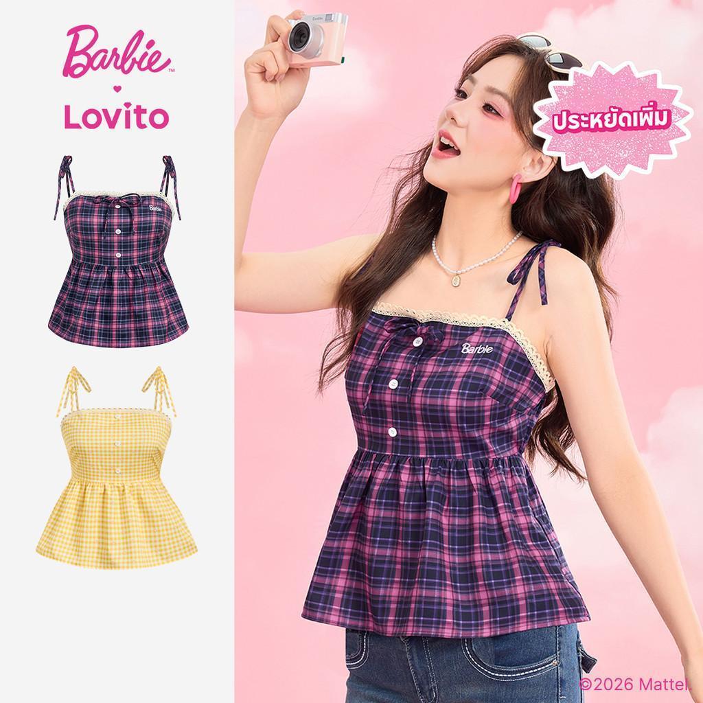 Barbie™ X Lovito Casual เสื้อเบลาส์ผู้หญิงคอระบายติดกระดุมด้านหน้า สไตล์ลําลอง ชายระบาย เหมาะสําหรับฤดูใบไม้ผลิ/ฤดูร้อน TKBL4PAD004