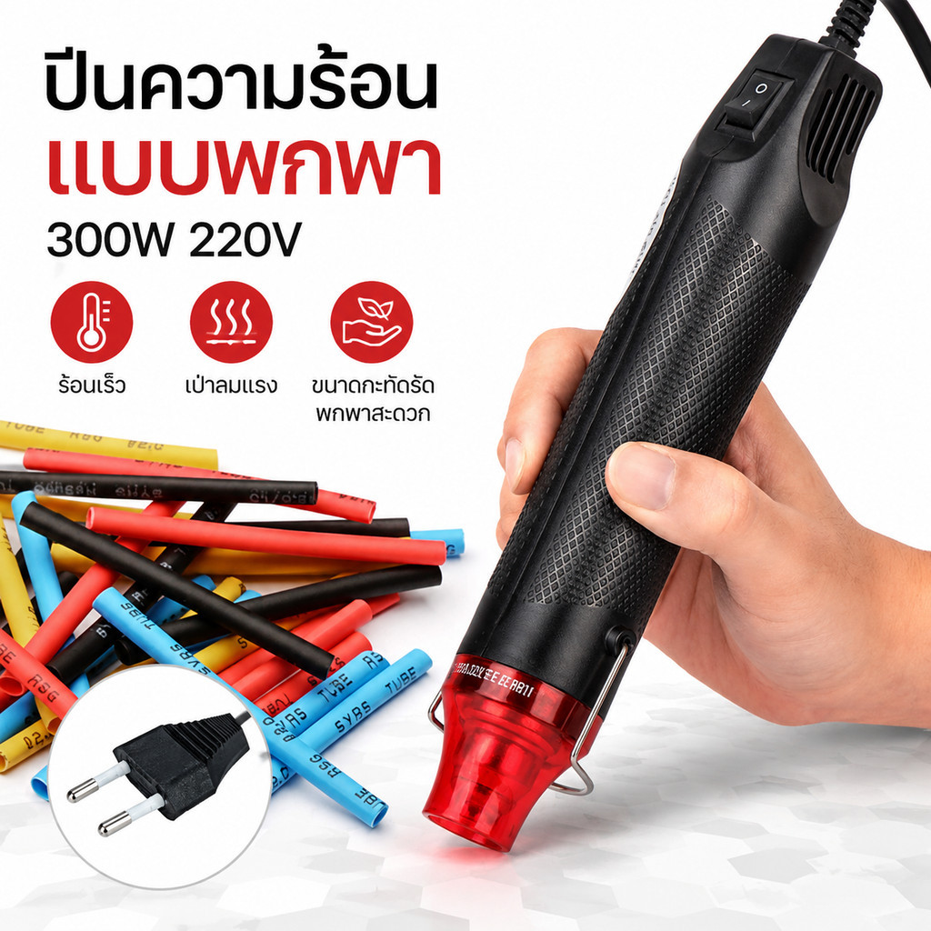 เครื่องเป่าลมร้อน 300W Hot Air Gun ปืนความร้อนพกพา สำหรับ DIY ลอกฉลาก ฟิล์มหด งานซ่อมอิเล็กทรอนิกส์ ใช้งานง่าย คุณภาพสูง