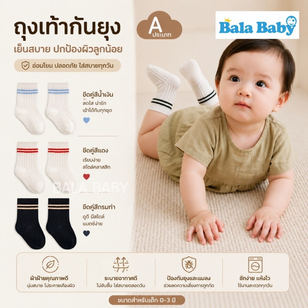 ถุงเท้าเด็กกันยุง ถุงเท้าทรงสปอร์ตกีฬาเด็ก  ข้อยาว ผ้าคอตตอนนิ่ม ระบายอากาศ ใส่ได้ทุกวัน 0-3 ปี WZ07