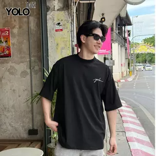 YOLO เสื้อยืด OVERSIZE เสื้อยืดโอเวอร์ไซส์ เสื้อยืดแขนสั้น คอเสื้อหนา 2 นิ้ว ผ้าฝ้ายแท้ ทรงหลวม Y2661