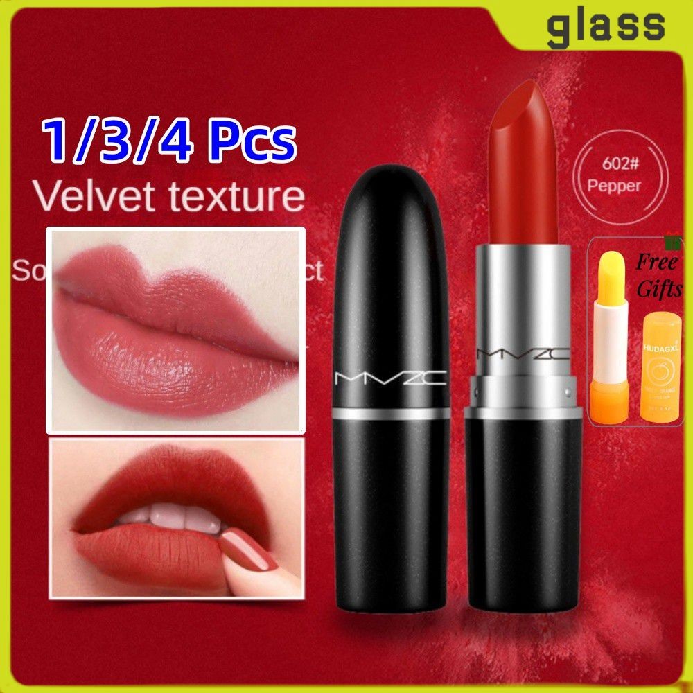 COD [ของขวัญ] ลิปสติก Mvzc 1/3/4 ชิ้น ติดทนนาน กันน้ำ น้ำหนักเบา เครื่องสำอาง เนื้อเนียน ไม่ติดถ้วย ลิปกลอส<glass>