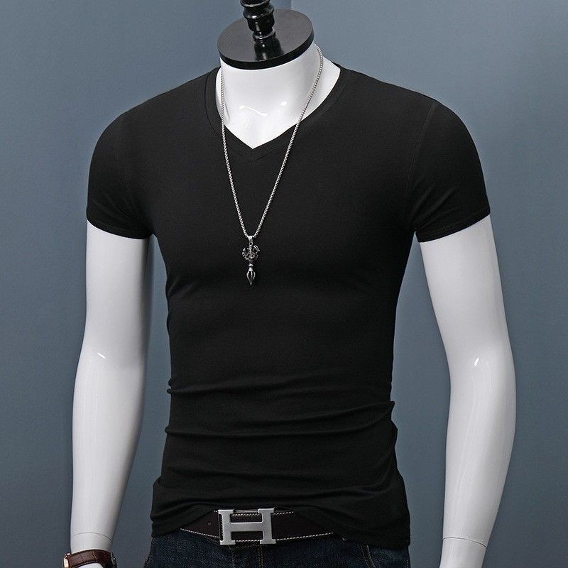 เสื้อยืดคอวีฤดูร้อนสำหรับผู้ชาย สีทึบ ทรงกระชับ พอดีตัว