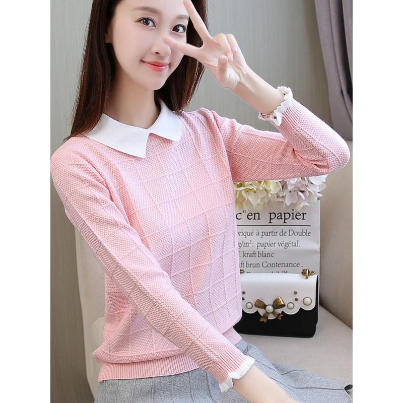 sweater set sculptor sweater ตุ๊กตาคอปักระบายด้านบน สไตล์เสื้อถักปลอมสองชิ้น