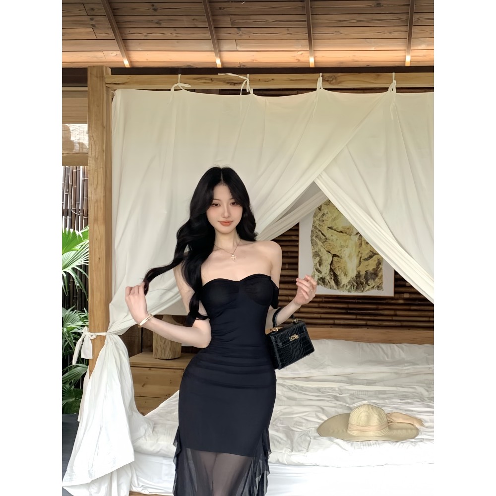 Vogue🌟พร้อมส่ง🌟 ชุดเดรสเปิดไหล่ กระโปรงยาว สีดำเรียบหรูดูแพงมากแม่ (FY2941) - รูปที่ 4