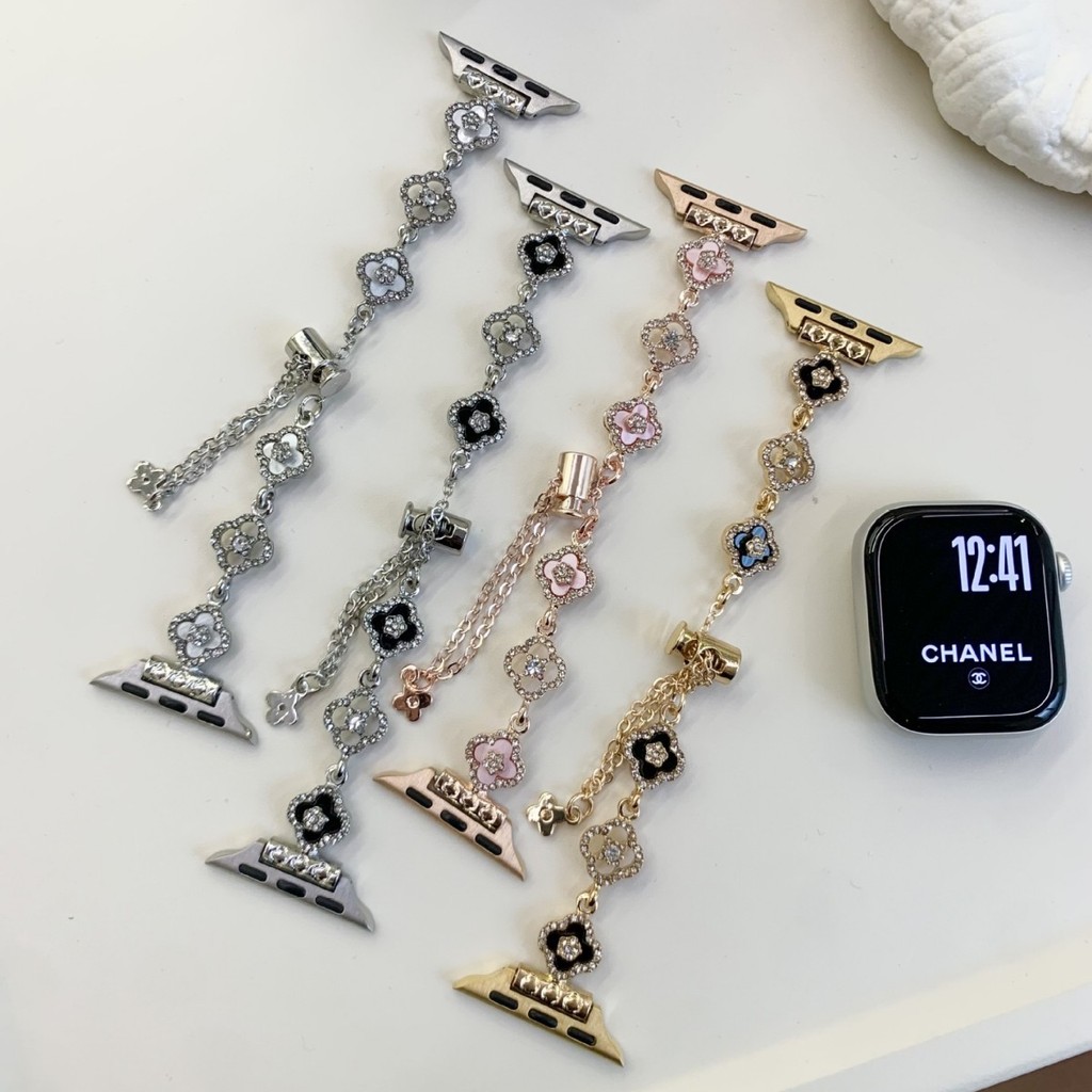 外贸新款手链款四叶草适用苹果iwatch10女表带金属伸缩可调节表带
