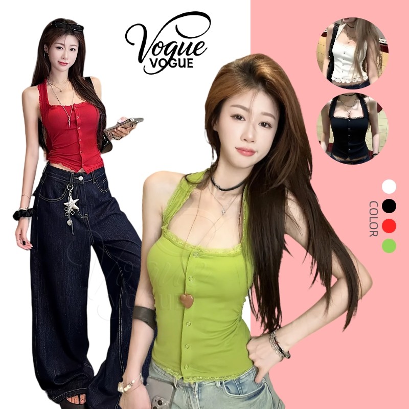Vogue🌟พร้อมส่ง🌟 เสื้อคล้องคอ สีสดใสเสริมฟองน้ำ ผ้านุ่มนิ่มสไตล์เกาหลี (FY10145)