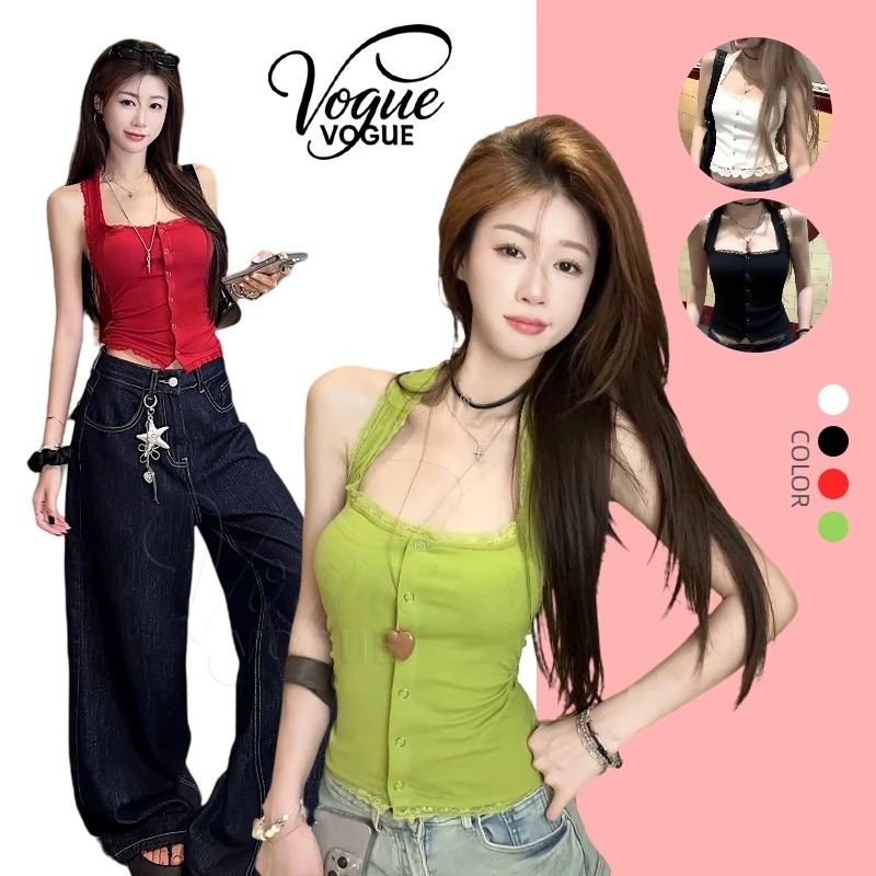 Vogue🌟พร้อมส่ง🌟 เสื้อคล้องคอ สีสดใสเสริมฟองน้ำ ผ้านุ่มนิ่มสไตล์เกาหลี (FY10145)