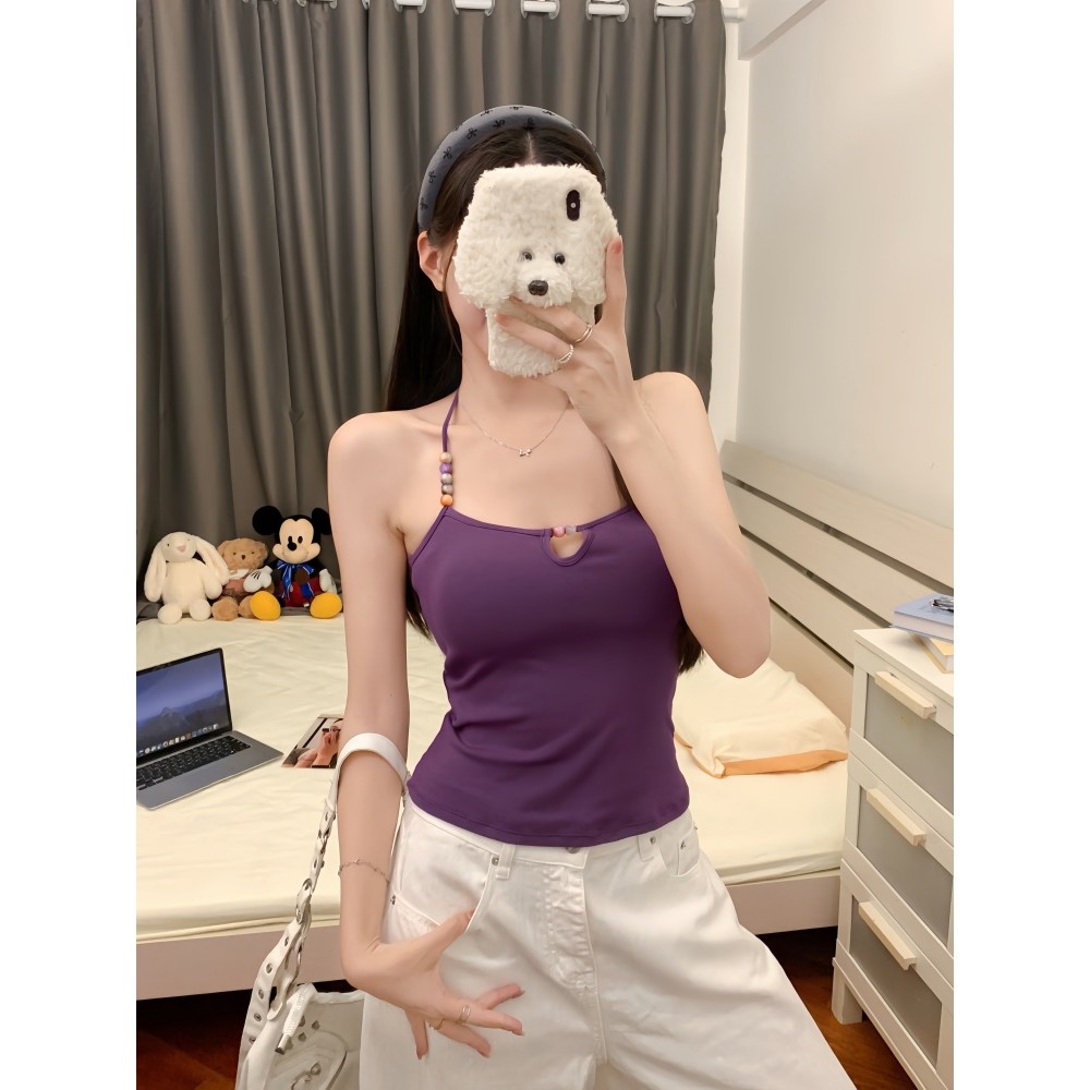 Vogue🌟พร้อมส่ง🌟 เสื้อสายเดี่ยว สีม่วงดำ แต่งลูปปัด เสริมฟองน้ำในตัวยืดพอดี (FY1327) รูปที่ 4