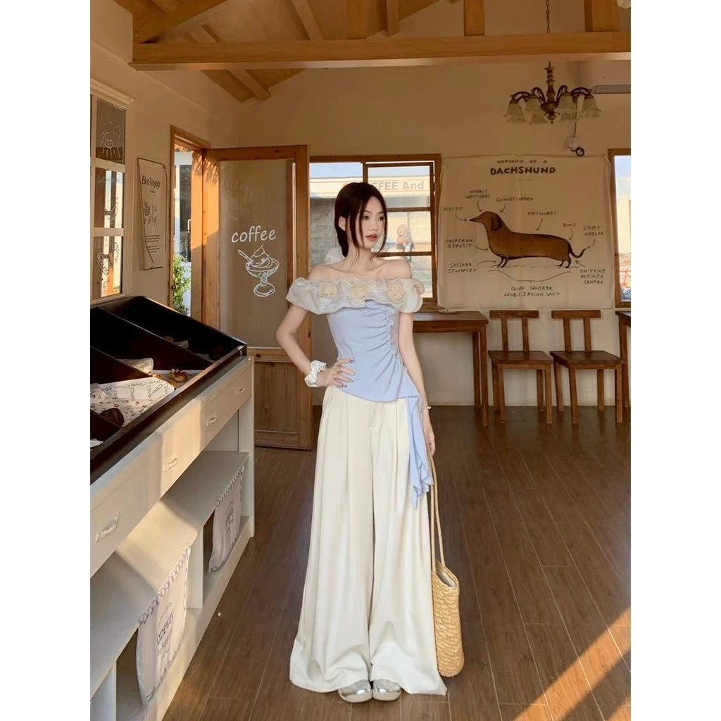 SuSu เสื้อคอเปิดบ่า แขนสั้น ลายดอกไม้ สีน้ำเงิน 56516 thumbnail 3