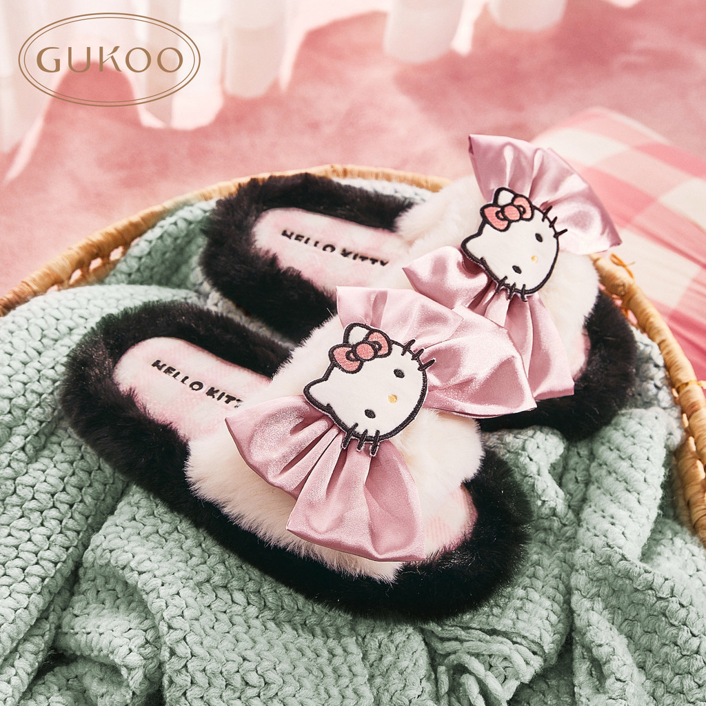 รองเท้าแตะขนฟูกันลื่น Gukoo x Hello Kitty สำหรับสาวๆ ใส่ได้ทั้งในบ้านและกลางแจ้ง