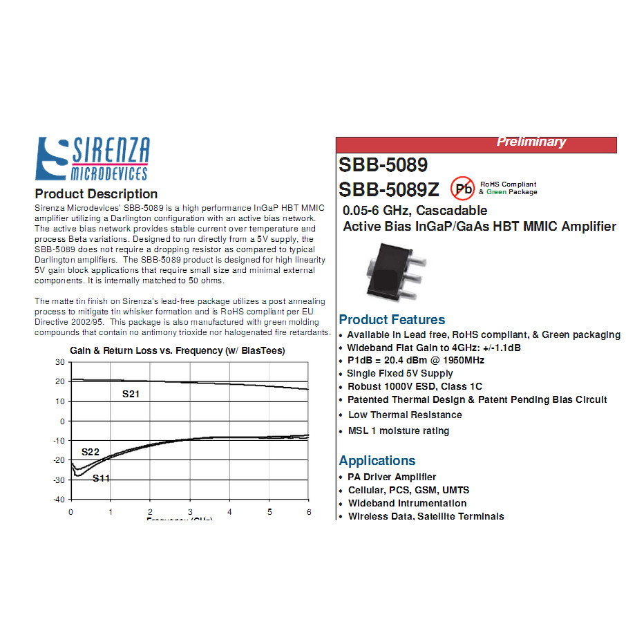 SBB-5089 BB5Z SBB5089Z SOT-89 วิทยุความถี่หลอดกําลังสูงเครื่องขยายเสียงหลอด SIREZA