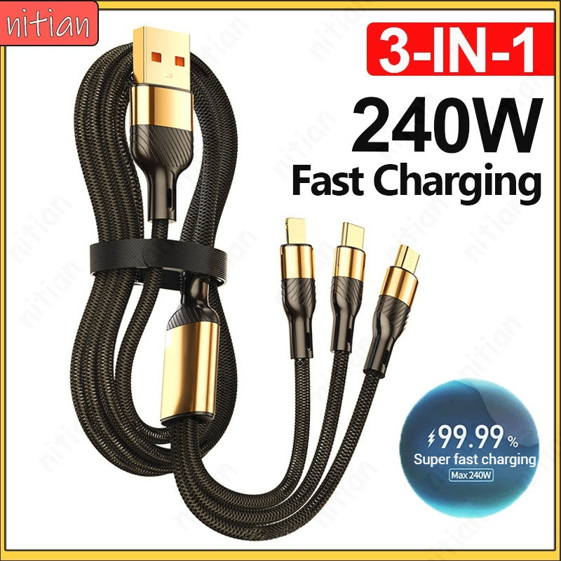 3 IN 1 Micro USB Type C Data Cable 240W Super Fast Charging Braid Wire รถโทรศัพท์ Quick Charger สายไฟ 2 M สําหรับ Type C/IOS/Micro