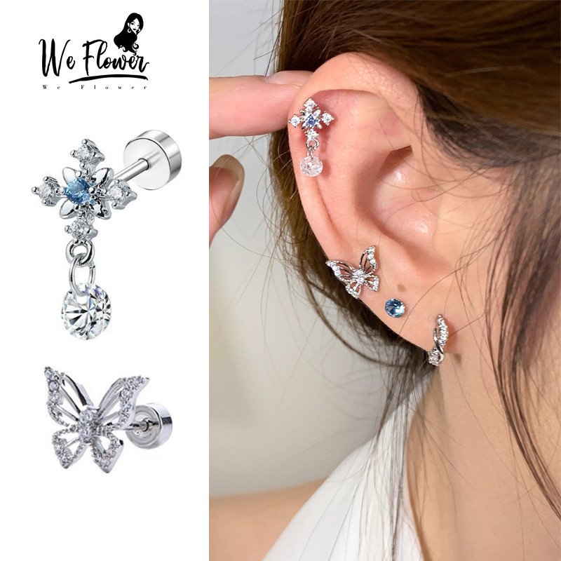 เราดอกไม้ 1PC เกาหลี S925 เงินคริสตัล Cross Snowflake สกรูต่างหูสําหรับแฟชั่นผู้หญิง Pierced หู Studs เครื่องประดับของขวัญ