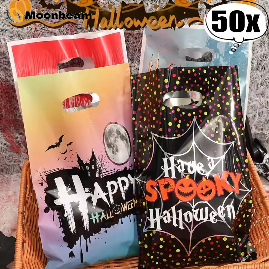 [บ้าน]-ถุงรักษาฮาโลวีนชุด 50 ชิ้น | กระเป๋า Goodie พลาสติกแบบใช้ซ้ําได้สําหรับ Trick-or-Treating, Themed Party Favors Feating Festive Pumpkin & Feline Graphics