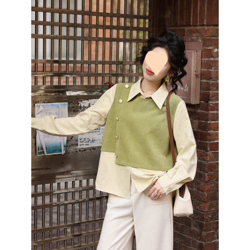 开学季港风复古设计感拼色长袖衬衫女宽松假两上衣潮Hong Kong style retro design color matching long sleeve lining20250910