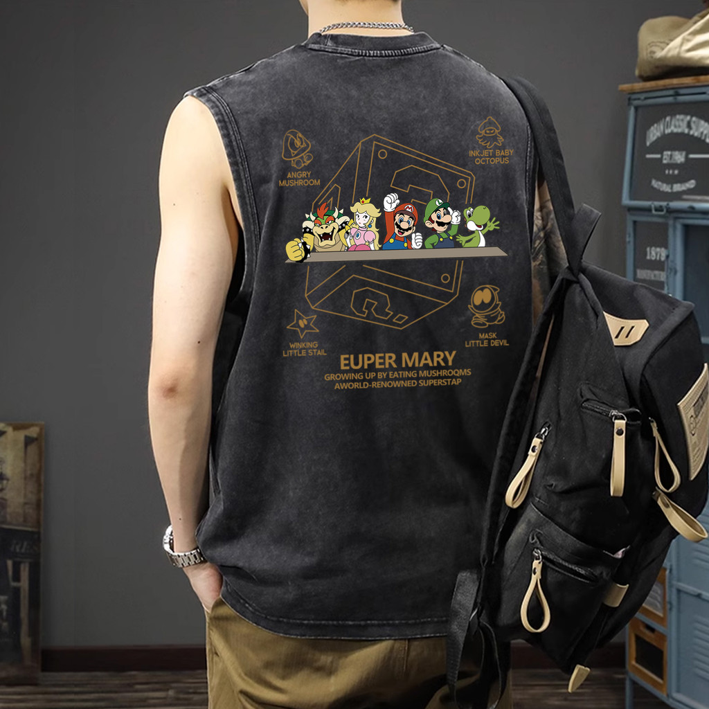 Sea.Tee เสื้อ oversize แขนกุด คอกลม เสื้อฟอก วินเทจ ใส่สบาย ไม่หด ผ้าCotton 100% 'Super Mario' 3XL