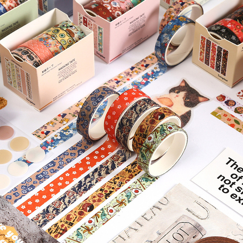 5 ม้วนสัตว์ที่มีสีสันและดอกไม้ชุด Washi สติกเกอร์เทปตกแต่ง DIY วัสดุ Masking Tapes - รูปที่ 3