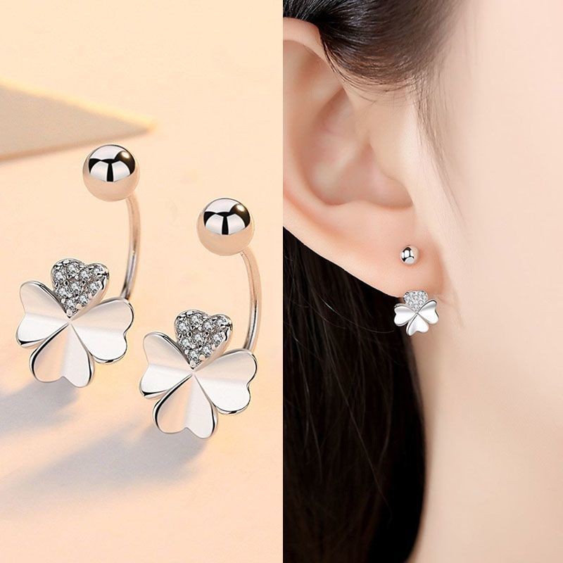 ส925 เงินต่างหูโคลเวอร์สี่ใบหญิงสวมใส่คู่เกลียวบิดต่างหูหัวเข็มขัด