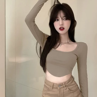 Hotgirl พร้อมส่งจากกทม Y2K เสื้อครอปแขนยาวผู้หญิง เสื้อครอปรัดรูปแฟชั่นเกาหลีสุดเซ็กซี่ แฟชั่นย้อนยุคที่เรียบง่าย