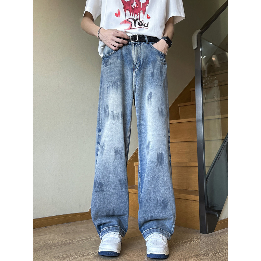 อเมริกัน High Street Splash Ink กางเกงยีนส์ผู้ชายหลวม Street สวมใส่ Ruffian หล่อกางเกงขากว้าง Street