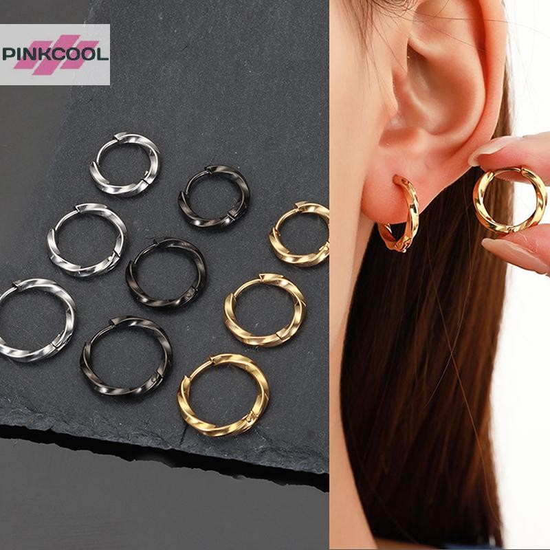 Pink Cool ต่างหู hoop สแตนเลสสีดำและสีทอง สำหรับทั้งผู้ชายและผู้หญิง ขนาด 10-14 มม.