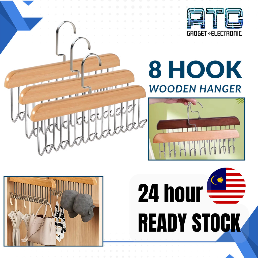 ATC 8 ตะขอไม้แขวนเสื้อไม้เนื้อแข็งเสื้อผ้าสลิงเข็มขัดคอ Tie แขวนราวแขวน Cangkuk Baju 衣架