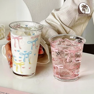 Home café แก้วน้ำแก้วกาแฟ ลายโบว์สีชมพู โปร่งใส แก้ว แก้วน้ำ แก้วกาแฟ สำหรับร้านกาแฟ