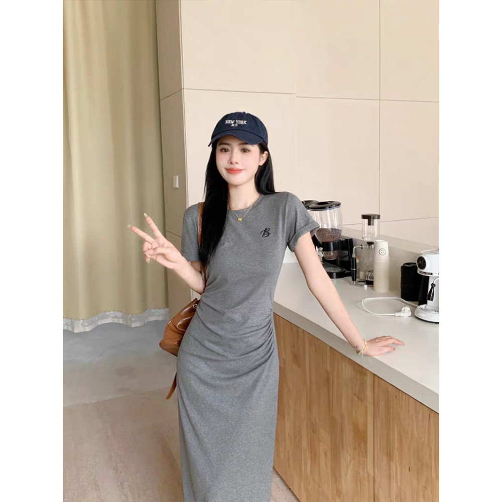 Moses Queen/Queen of Mercy ชุดเดรสสั้นสไตล์เกาหลี เดรสยาวจีบรอบเอว ทรงเข้ารูป ผ่าข้าง