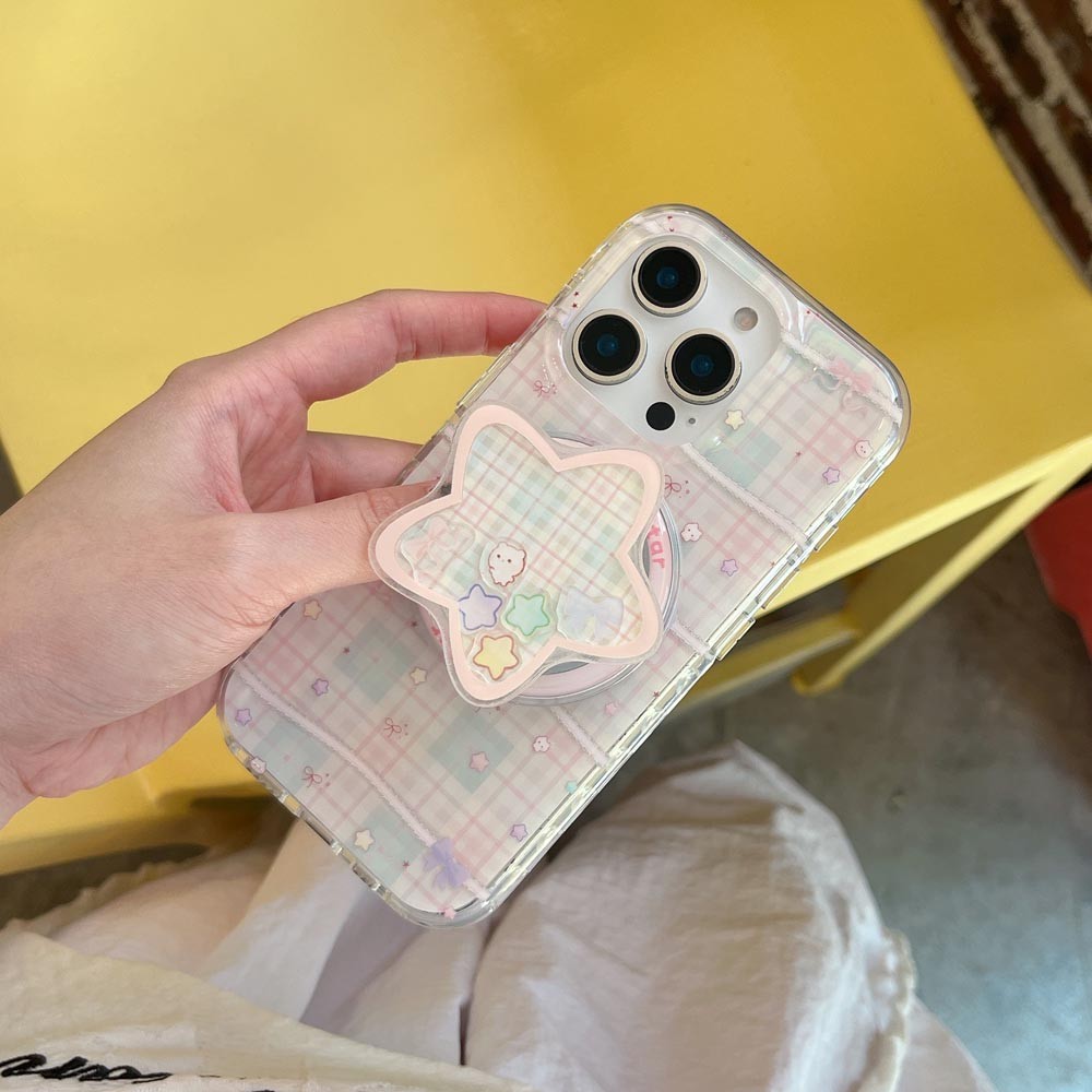 ปลอกปกแข็งเข้ากันได้กับ iPhone 13 14 14Pro 14ProMax 15 15Pro 15ProMax 16 16Pro 16ProMax 17Pro 17ProMax สีชมพู Checkered Star รูปแบบแม่เหล็กกรณี