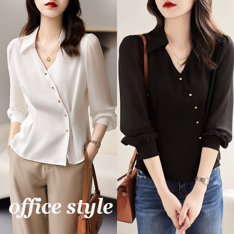 Cuties💖 99205  เสื้อเบลาส์สไตล์เรียบง่าย เสื้อเบลาส์ คอวี  สำหรับผู้หญิง แขนยาว สีขาว กระดุมแนวทแยงโลหะ สไตล์นักธุรกิจ