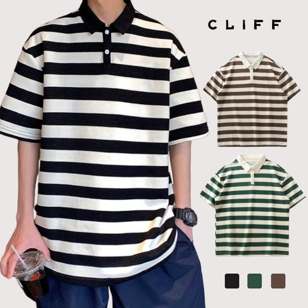 CLIFF แขนสั้นลายทางผู้ชาย สไตล์อเมริกันวินเทจ oversize เลือกได้หลายสี ปกพับ ลำลอง บ้าน