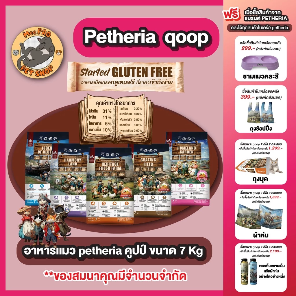 อาหารแมว Petheria qoop กระสอบ เพ็ทเทอเรีย คุปป์ Gluten free 7 Kg พร้อมผักผลไม้ 5 สีและ Synbiotics