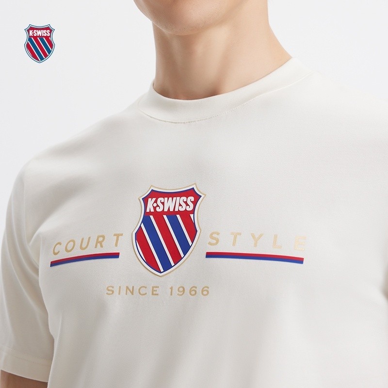 ผู้ชายผู้หญิงสไตล์เดียวกัน Kswiss Breathable คอกลมสีโลโก้พิมพ์ด้านบน