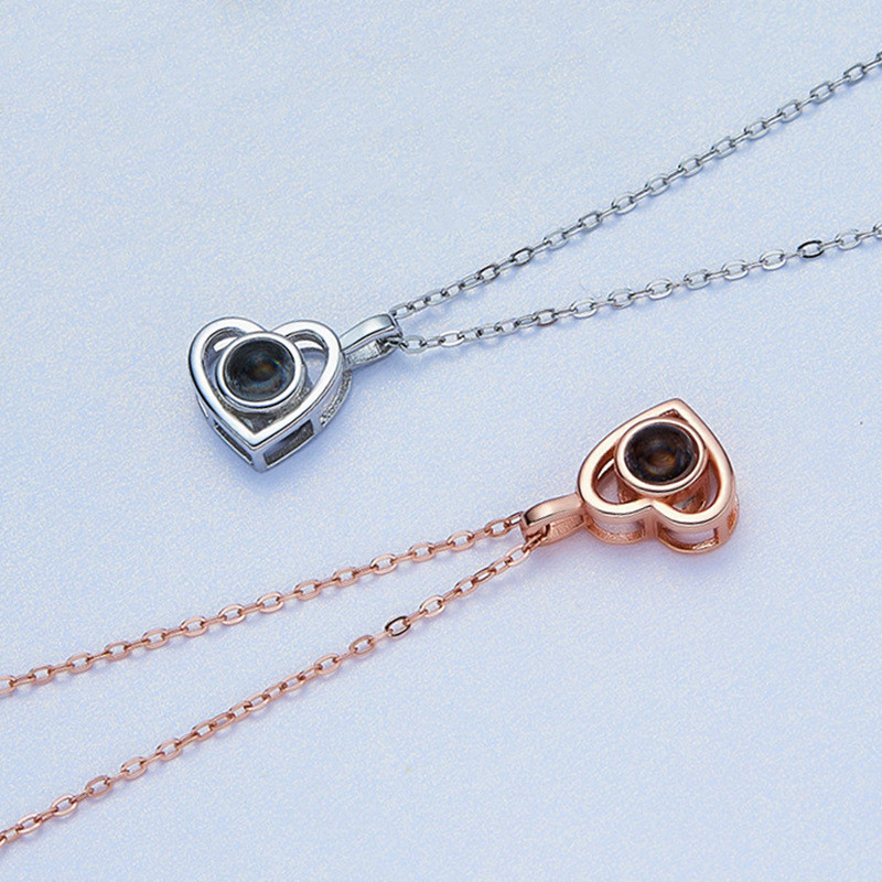 S925 Silver Love Heart สร้อยคอฉายรูปหัวใจ 100 ภาษา I Love You เกาหลี Clavicle Chain หญิง 10.2