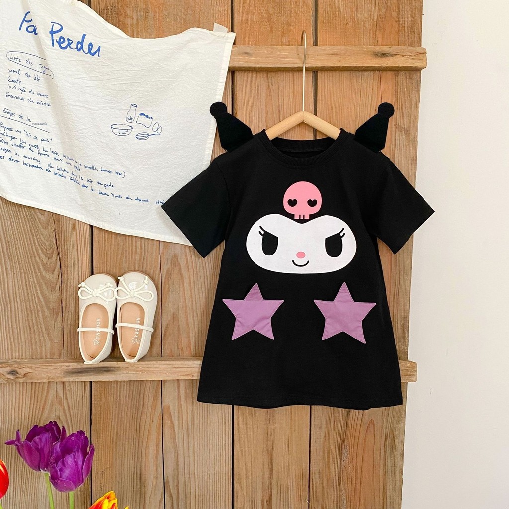 เดรสแขนสั้นเด็กผู้หญิงแฟชั่นการ์ตูนเจ้าหญิงเดรสกระโปรงจับจีบพิมพ์ลายคุโรมิสุดน่ารัก lzboi 17 th ✨jun