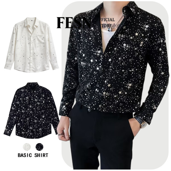 🕯️สีดํา🙏เสื้อเชิ้ตแขนยาว ผ้าชีฟอง แต่งระบาย ลายดาวห้าแฉก สไตล์ยิปโซ สําหรับผู้ชาย