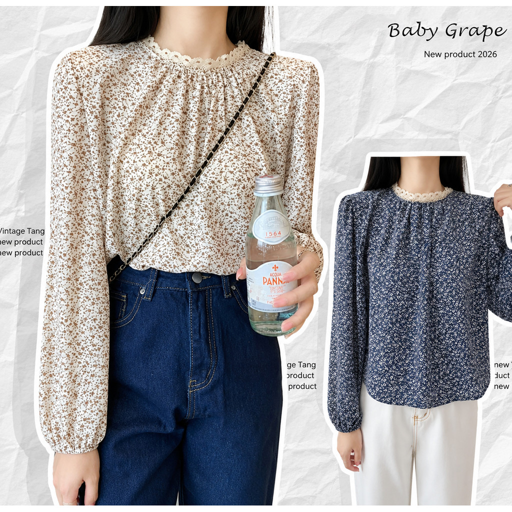 [พร้อมส่ง]เสื้อเชิ้ตลายดอกไม้ผู้หญิงคอปกลูกไม้ แขนพอง ทรงโอเวอร์ไซส์สไตล์เกาหลีหวานละมุน แมทช์ง่ายใส่ได้ทุกวันมีหลายW744