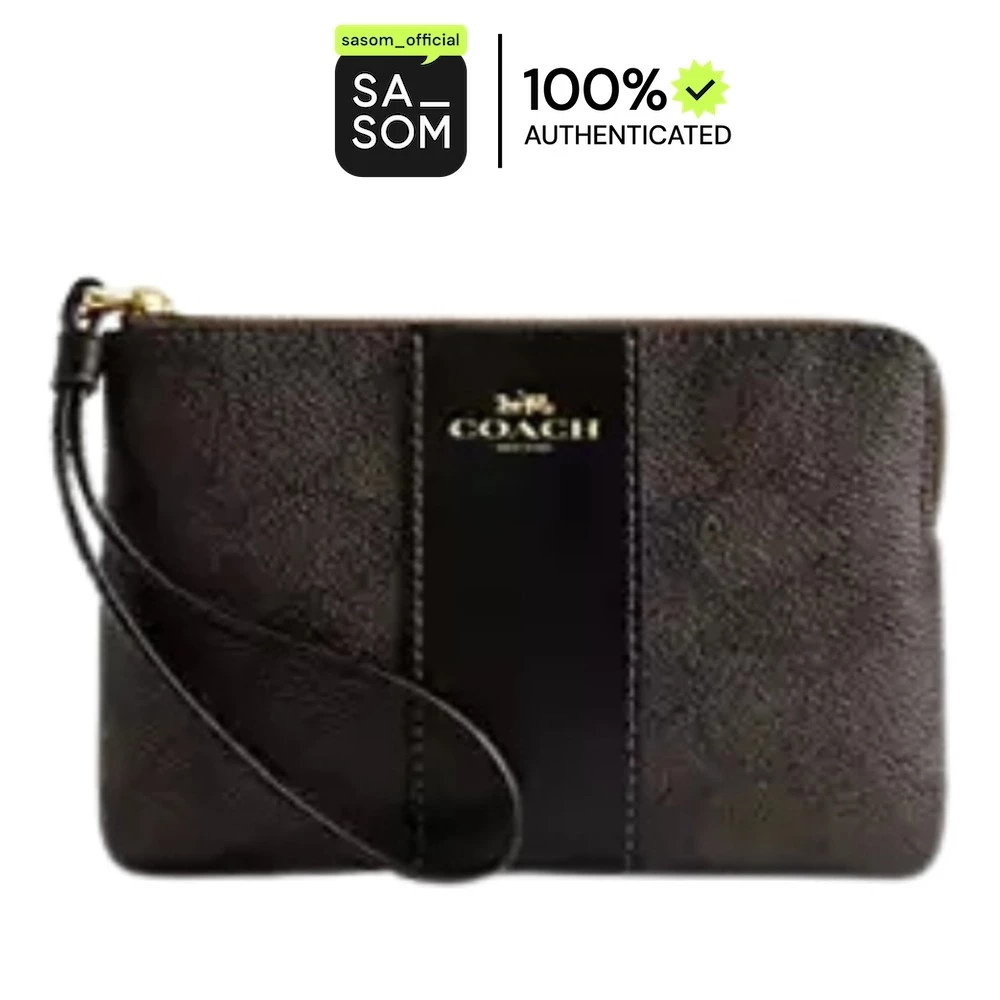 Coach Corner Zip Wristlet In Signature Canvas Walnut Black | ของแท้ ตรวจสอบโดย SASOM