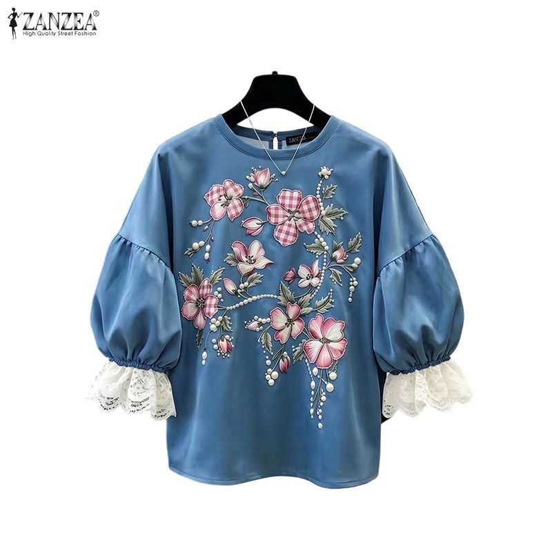 ZANZEA ผู้หญิงเกาหลี Elegant Luxe รอบคอแขนโคมไฟดอกไม้พิมพ์ลูกไม้ Splicing เสื้อหลวม