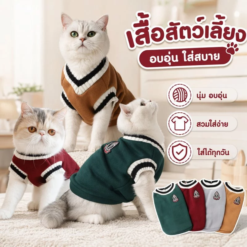 เสื้อกั๊กสัตว์เลี้ยง เสื้อหมา เสื้อแมว สเวตเตอร์สัตว์เลี้ยง คอวี อบอุ่น ระบายอากาศ ใส่สบาย ฤดูหนาว