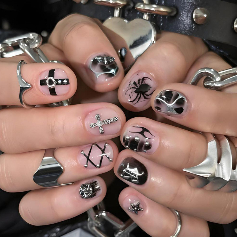 Y2K ยุโรปอเมริกัน Punk สไตล์สวมใส่เล็บ ins Influencer โลหะเข้มสั้นเล็บปลอมผู้ชาย Cross-Border สวมใส่