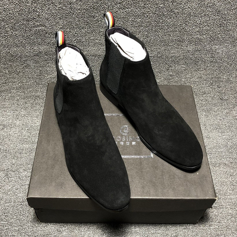 CHELSEA Boots ผู้ชายหนังแท้อังกฤษ Pointed Toe รองเท้าบูทสั้นฤดูร้อน CHELSEA BOOT All-Match สีดํา Mat