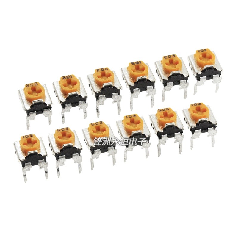20 ชิ้นสีเหลือง WH06-2C ปรับความต้านทาน Potentiometer 1 K/2 K/5 K/10 K/100 K 102 103 104 แนวนอน