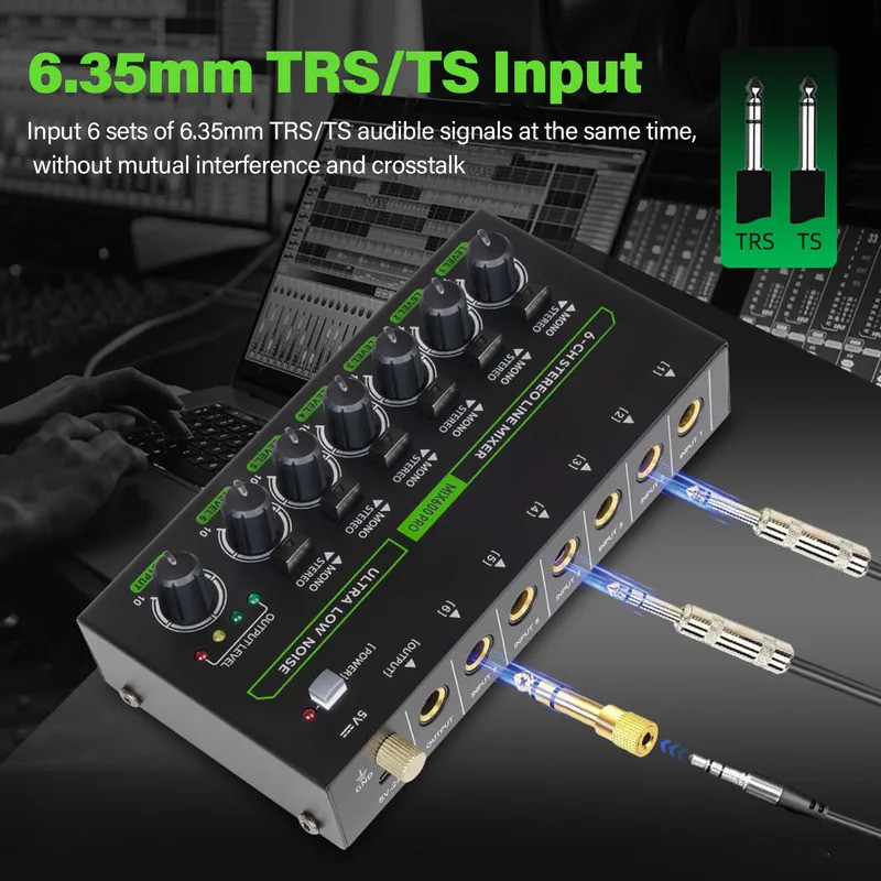 MIX600-PRO 6 ช่องผสม W/RGB Light 1/4 TRS TS เสียงต่ําสเตอริโอ Mono Switching Line Audible Mixer สําห