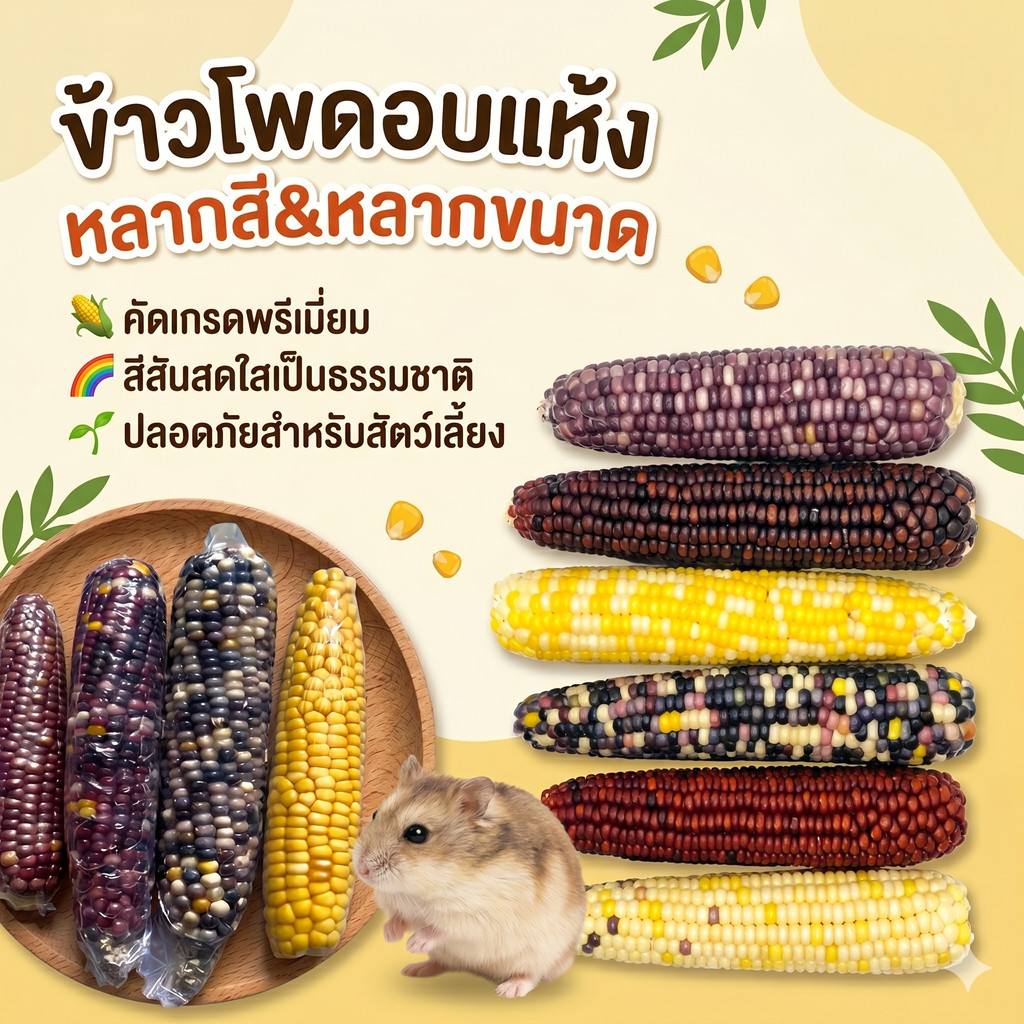 Hamster.lover ข้าวโพดอบแห้ง อาหารแฮมสเตอร์และสัตว์ฟันแทะ ขนมลับฟันธรรมชาติ ปลอดภัยสำหรับสัตว์เลี้ยงหลากสีสัน