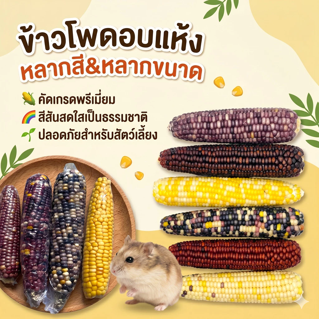 Hamster.lover ข้าวโพดอบแห้ง อาหารแฮมสเตอร์และสัตว์ฟันแทะ ขนมลับฟันธรรมชาติ ปลอดภัยสำหรับสัตว์เลี้ยงหลากสีสัน
