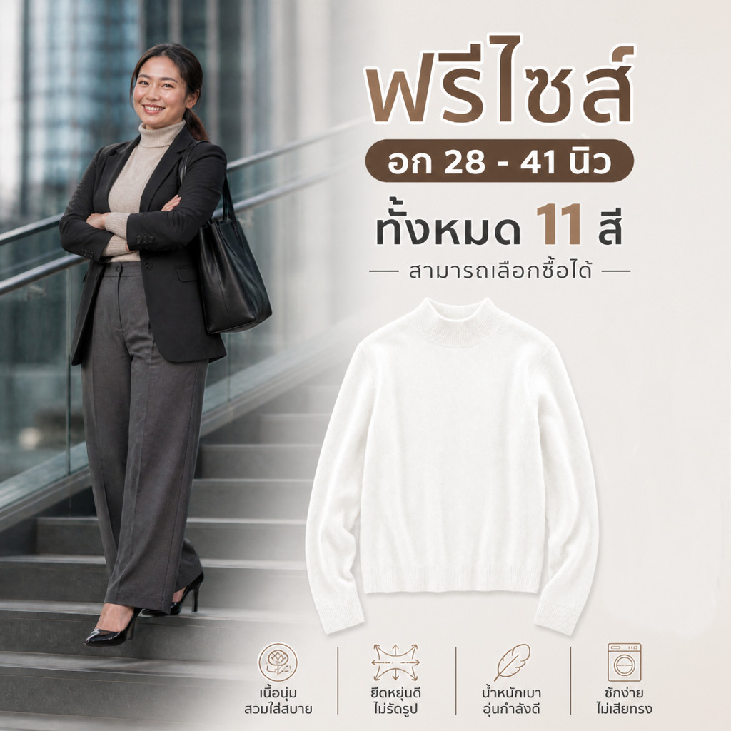 เสื้อไหมพรมแขนยาวคอปืน ทอละเอียดเนื้อนุ่มพรีเมียม ลุคเรียบหรูดูแพงสำหรับทริปเที่ยวและทำงาน